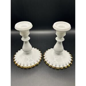 Vintage Fenton Gold Crest 6” Candlesticks Set Of 2 Milk Glass Ruffled MCM
